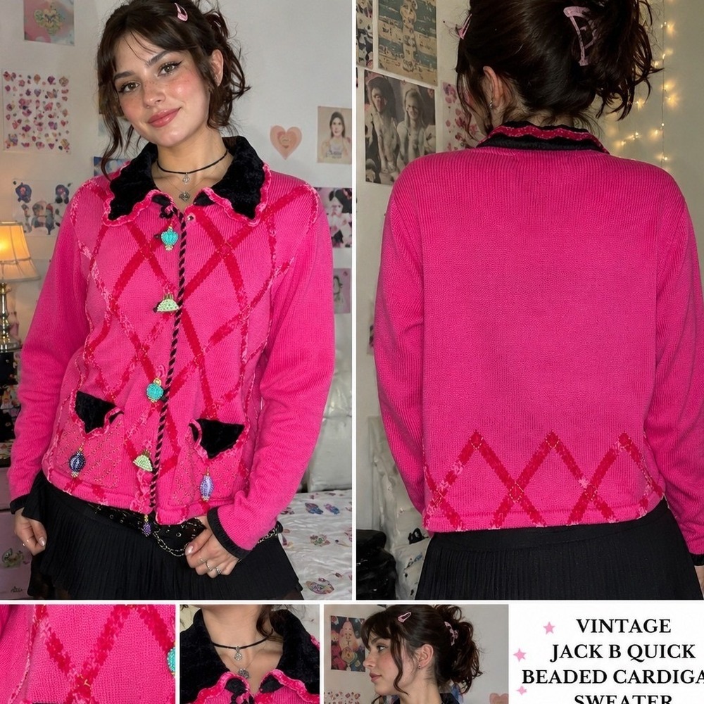 Vintage Jack B Quick‎ Pink Beaded Purse Charm Cardigan Sweater Argyle Fur Trim M